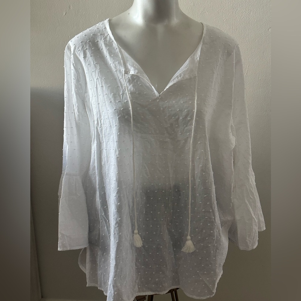 Elegant White Textured Blouse with Tassels